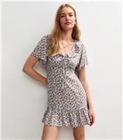 Women's Blue Floral Print Ruffle Trim Mini Dress New Look