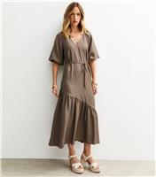 Women's Dark Brown Asymmetrical Puff Sleeve Midi Dress New Look