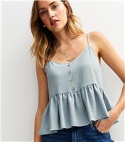 Women's Light Blue Crinkle Texture Button Front Peplum Cami Top New Look