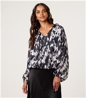 Women's Black Abstract Pattern Bubble Hem Blouse Blue Vanilla New Look