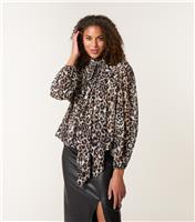 Women's Brown Leopard Print Diamante Stud Puffball Hem Blouse Blue Vanilla New Look
