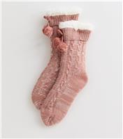 Light Pink Cable Knit Glitter Slipper Socks New Look