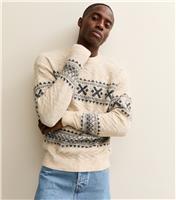 Men's Cream Fairisle Knit Jumper Jack & Jones New Look