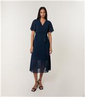 Women's Navy Chiffon Pleated Skirt Midi Dress Blue Vanilla New Look
