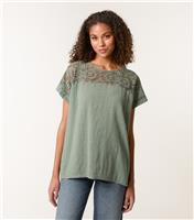 Women's Dark Khaki Lace Pattern Top Blue Vanilla New Look