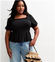 Women's Plus Size Black Shirred Puff Sleeve Top Curves New Look