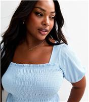 Women's Plus Size Light Blue Shirred Puff Sleeve Top Curves New Look