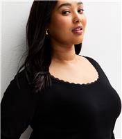 Women's Plus Size Black Ribbed Lace Trimmed Long Sleeve Top Curves New Look