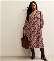 Women's Plus Size Burgundy Floral Print Lace Trimmed Midi Dress Curves New Look