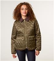 Women's Khaki Quilted Corduroy Collar Coat Blue Vanilla New Look
