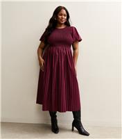 Women's Plus Size Red Striped Puff Sleeve Midi Dress Curves New Look