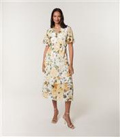Women's Light Yellow Floral Print Pleated Midi Dress Blue Vanilla New Look