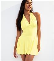 Women's Yellow Slinky Jersey Halterneck Mini Dress Pink Vanilla New Look