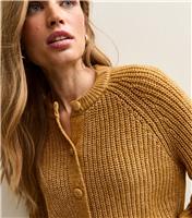 Women's Dark Yellow Ribbed Knit Raglan Sleeve Cardigan New Look