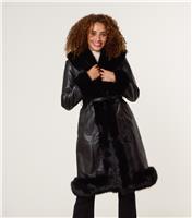 Women's Black Faux Fur Trimmed Faux Leather Midi Coat Blue Vanilla New Look