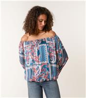 Women's Teal Bardot Puffball Hem Paisley Print Blouse Blue Vanilla New Look