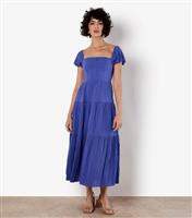 Women's Blue Checked Puff Sleeve Midi Dress Apricot New Look