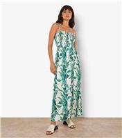 Women's Green Leaf Print Shirred Maxi Dress Apricot New Look