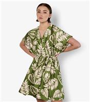 Women's Green Palm Print Saint Wrap Mini Dress Apricot New Look