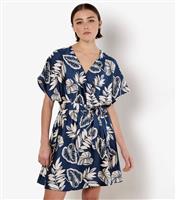 Women's Navy Palm Print Satin Kimono Mini Dress Apricot New Look
