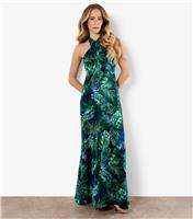 Women's Green Tropical Print Halterneck Satin Maxi Dress Apricot New Look