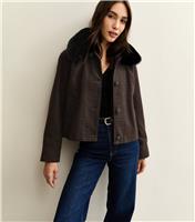 Women's Brown Faux Fur Collar Check Jacket New Look