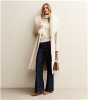 Women's Stone Faux Fur Collar Wrap Coat New Look