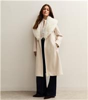 Women's Petite Stone Faux Fur Collar Belted Coat New Look