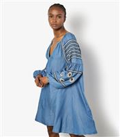 Women's Blue Denim Embroidered Mini Dress Apricot New Look