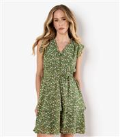 Women's Green Floral Print Frilly Trim Mini Dress Apricot New Look