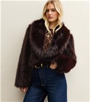 Women's Dark Brown Faux Fur Shawl Collar Jacket New Look