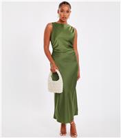 Women's Petite Dark Khaki Satin Ruched Midaxi Dress Quiz New Look