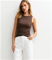 Women's Dark Brown Ribbed Slash Neck Vest Top New Look