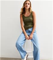 Women's Dark Khaki Wide Strap Scoop Neck Ribbed Vest New Look