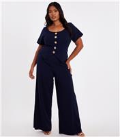 Women's Plus Size Navy Button Detail Jumpsuit Curves Quiz New Look