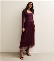 Women's Burgundy Sequin Tulle Midi Skirt New Look