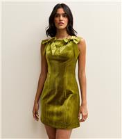 Women's Green Velvet Bow Appliqu Mini Dress New Look