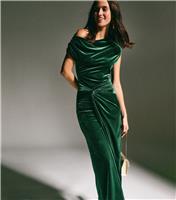 Women's Dark Green Velvet Off The Shoulder Knot Waist Maxi Dress New Look