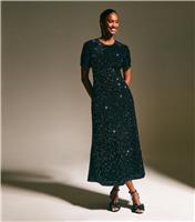 Women's Black Velvet A-Line Midi Sequin Dress New Look