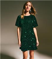 Women's Dark Green Velvet Sequin T-Shirt Dress New Look