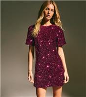 Women's Dark Burgundy Velvet Sequin T-Shirt Dress New Look