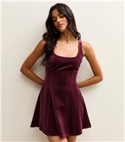 Women's Burgundy Velvet Fit and Flare Micro Dress New Look