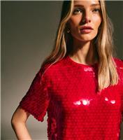 Women's Bright Red Sequinned Short Sleeve Top New Look