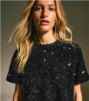 Women's Black Velvet Sequin Embellished T-Shirt New Look
