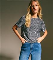 Women's Grey Velvet Sequin Embellished T-Shirt New Look