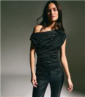 Women's Black Jersey Sequin Draped Off-Shoulder Top New Look