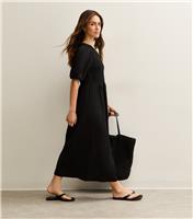 Women's Petite Black Crinkled Jersey Puff Sleeve Midi Dress New Look