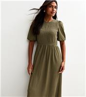 Women's Khaki Crinkle Texture Puff Sleeve Smock Midi Dress New Look
