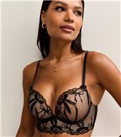 Women's Black Bow Embroidered Longline Faux Leather Trimmed Push Up Bra New Look
