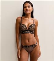 Women's Black Bow Embroidered Mesh Thong New Look